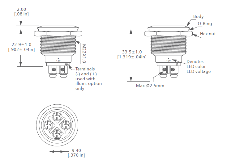 LED-Taster Langir L22M M22 mit kurzem Tastweg und Ring LED
